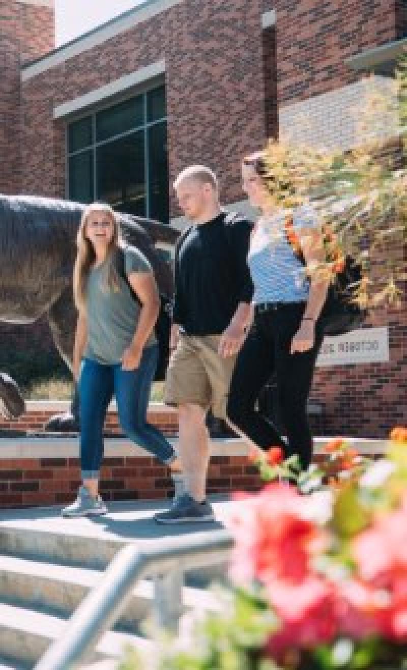 Doane students next to Doane Tiger statue on campus.