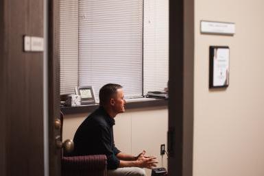 A view from outside his door provides a look at Myron Parsley in his office as he would sit when working with a student. Parsley is a mental health counselor in Doane's Counseling Center, serving students on the Crete campus. 